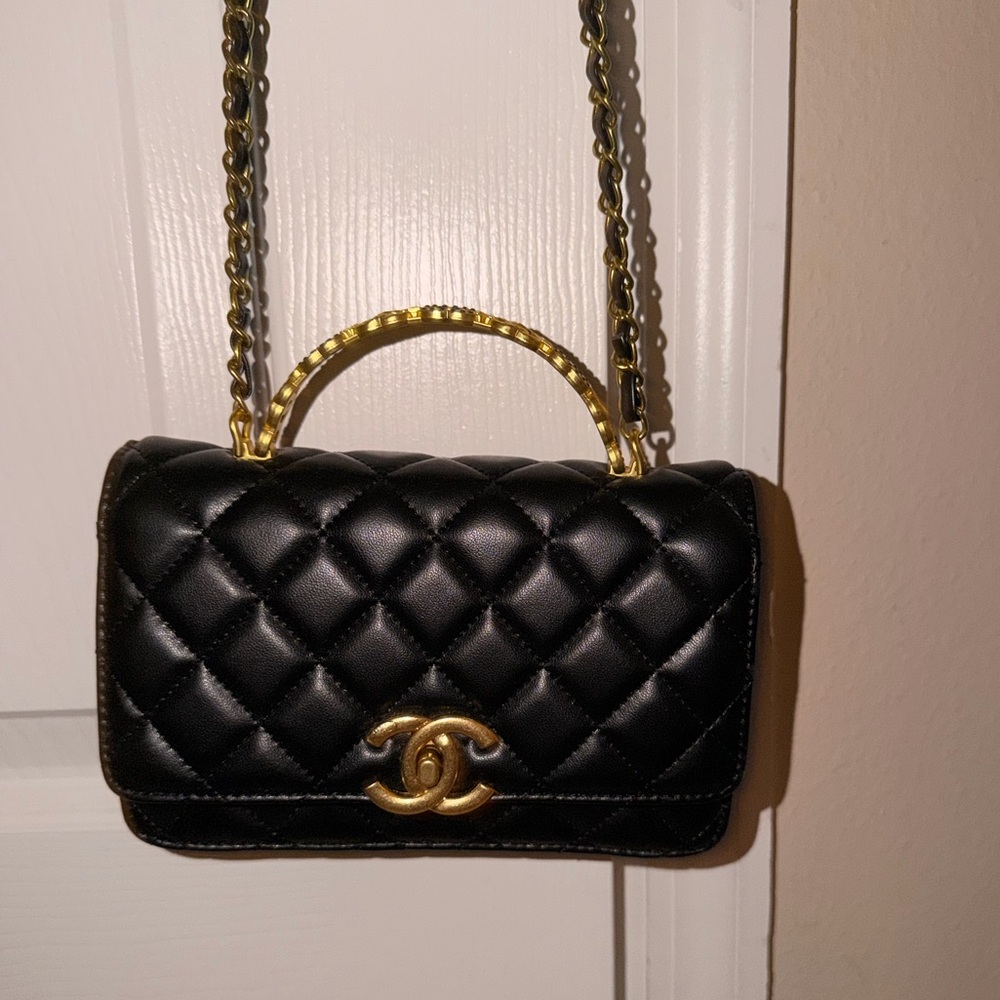 Black Quilted Leather Crossbody with Gold Hardware
